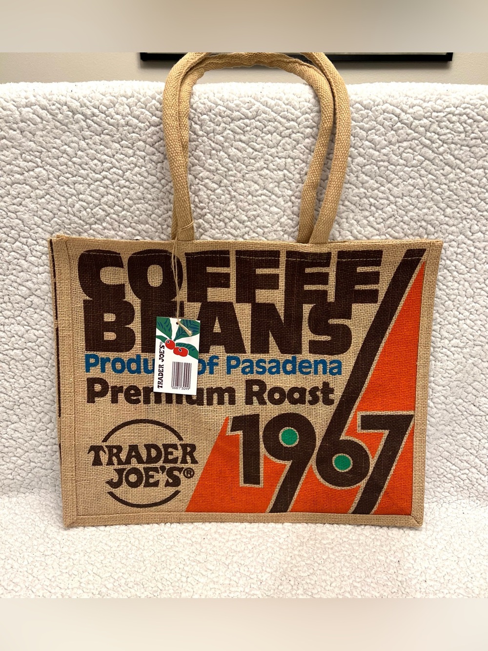 Trader Joe's Jute Tote Bag in Natural with Orange and Brown Accents